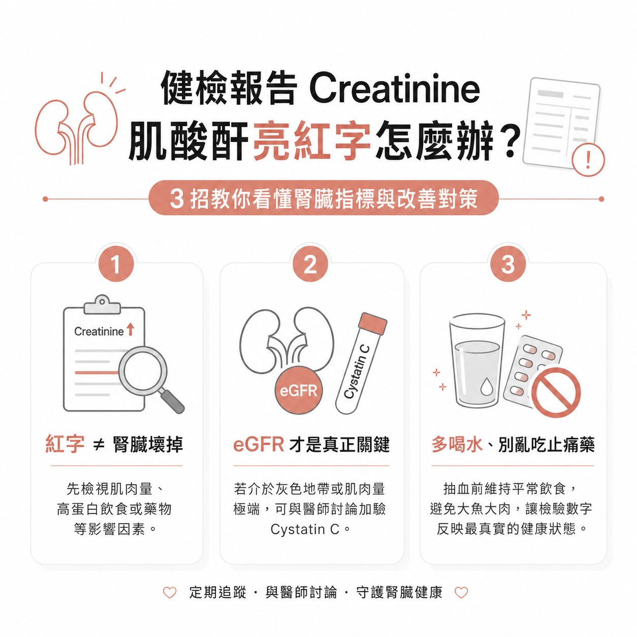 健檢報告 Creatinine 肌酸酐亮紅字怎麼辦？3招教你看懂腎臟指標與改善對策