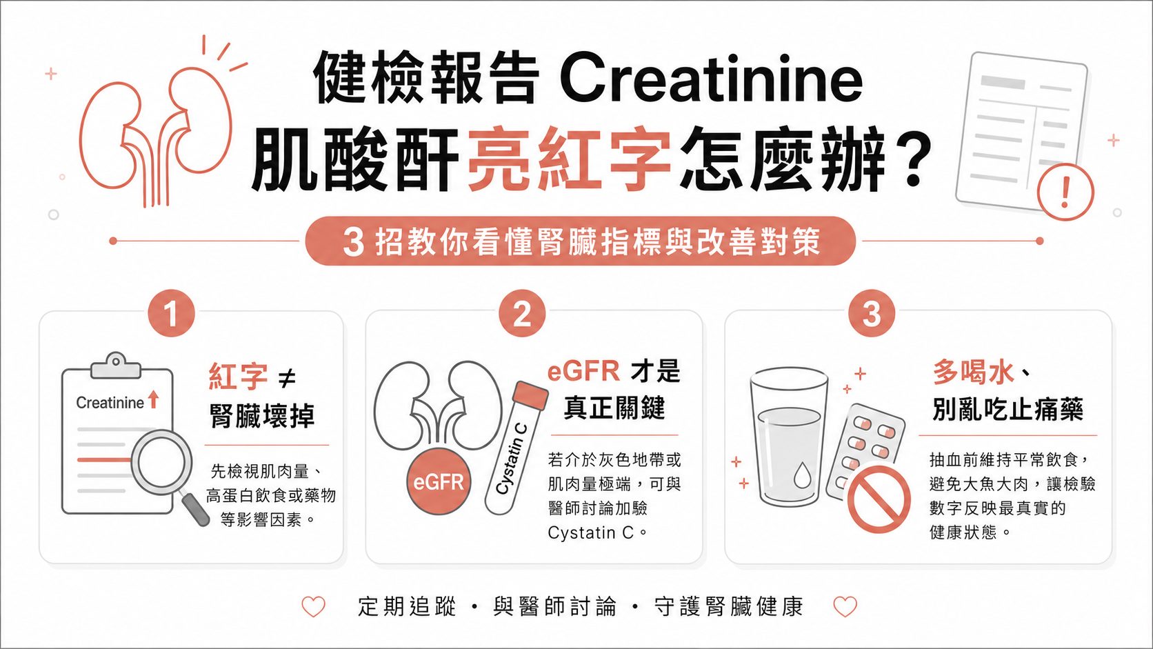 健檢報告 Creatinine 肌酸酐亮紅字怎麼辦？3招教你看懂腎臟指標與改善對策