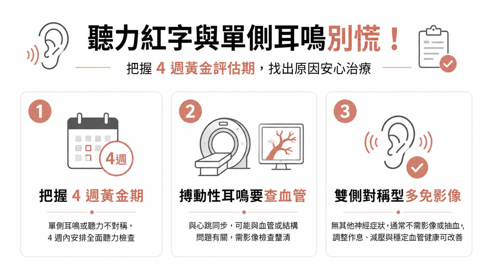 健檢聽力紅字與單側耳鳴別慌！安排聽力檢測並把握4週黃金評估期，透過精準影像能找出背後原因