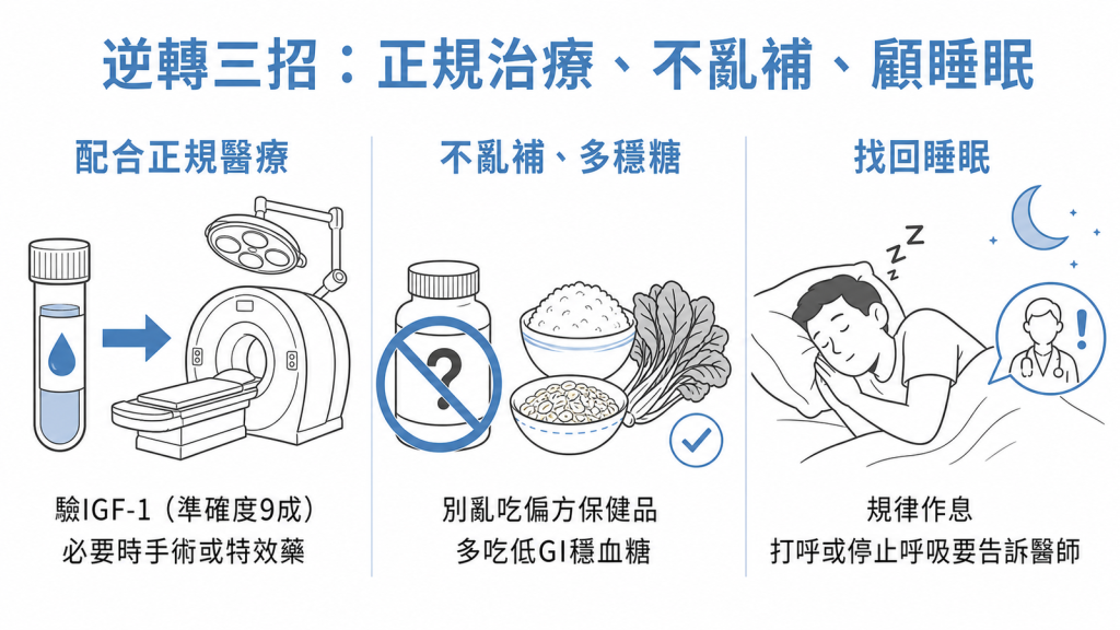 肢端肥大逆轉三招:配合正規醫療抽血驗IGF-1準確度9成必要時手術或特效藥、別亂吃偏方保健品多吃低GI食物穩血糖、規律作息且若會打呼或睡覺停止呼吸要告訴醫師