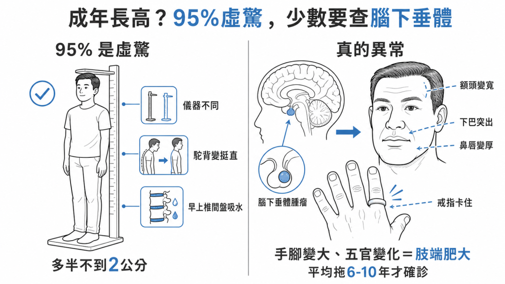 成年後長高95%是虛驚多半不到2公分來自儀器不同駝背變挺直或早上椎間盤吸水,少數真的異常是腦下垂體腫瘤造成手腳變大額頭變寬下巴突出鼻唇變厚的肢端肥大平均拖6到10年才確診