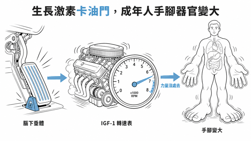 生長激素系統就像汽車油門,腦下垂體出狀況讓油門卡住放不開、IGF-1像引擎轉速表反映催油力道,成年骨頭不能再長這股力量就轉向讓手腳變大與器官加班