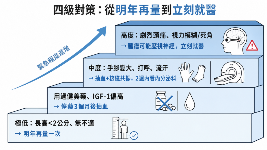 肢端肥大四級對策:長高不到2公分無不適就明年再量一次、用過健美藥IGF-1偏高停藥3個月後抽血、手腳變大打呼流汗需抽血加核磁共振2週內看內分泌科、劇烈頭痛視力模糊或死角恐腫瘤壓視神經立刻就醫
