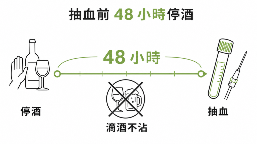 抽血前48小時應嚴格停酒滴酒不沾，讓干擾化學物質代謝完畢
