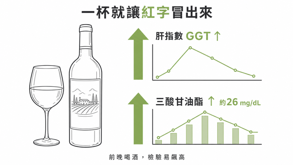 喝酒後肝指數GGT與三酸甘油酯會短暫飆高，三酸甘油酯平均上升約26mg/dL
