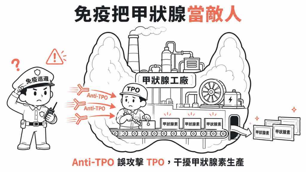 免疫系統認錯對象，派Anti-TPO抗體攻擊甲狀腺工廠裡的TPO作業員，干擾甲狀腺素生產