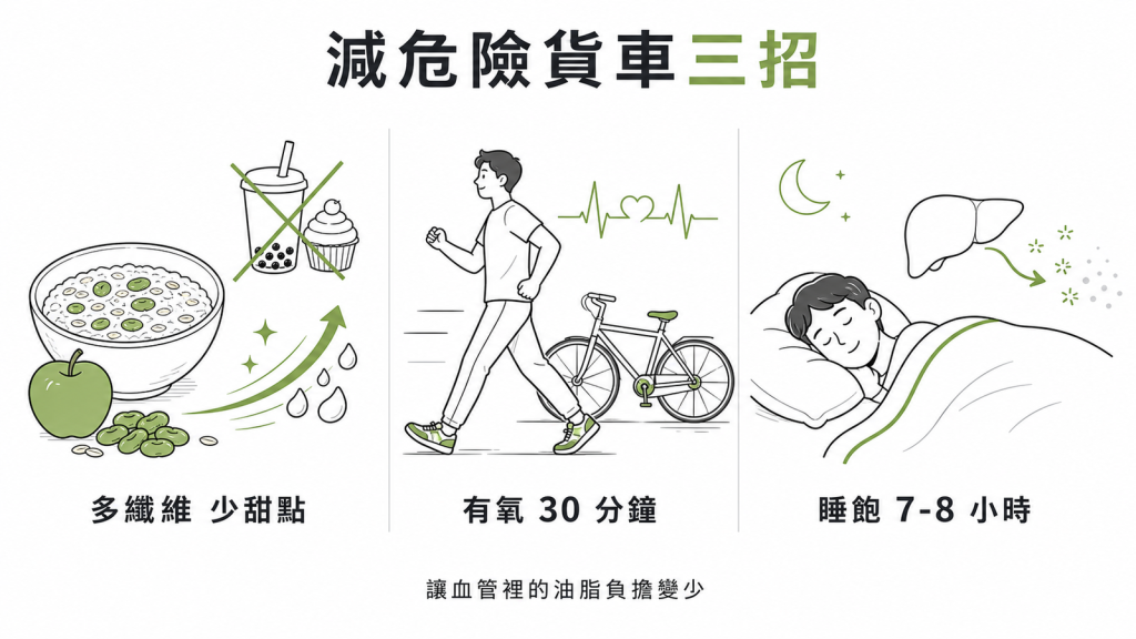 減血管危險貨車三招：多纖維燕麥蘋果豆類少甜點、有氧運動30分鐘、睡飽7到8小時減發炎