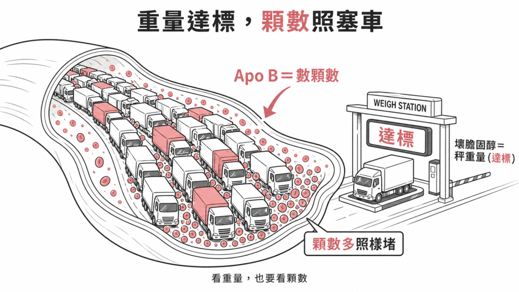壞膽固醇看重量Apo B數顆粒數，顆數多即使重量達標血管照樣塞車