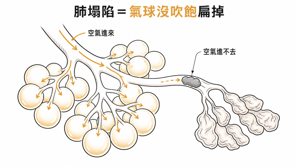 肺塌陷就像肺泡小氣球沒吹飽扁掉,通道被塞住空氣進不去那段就扁掉