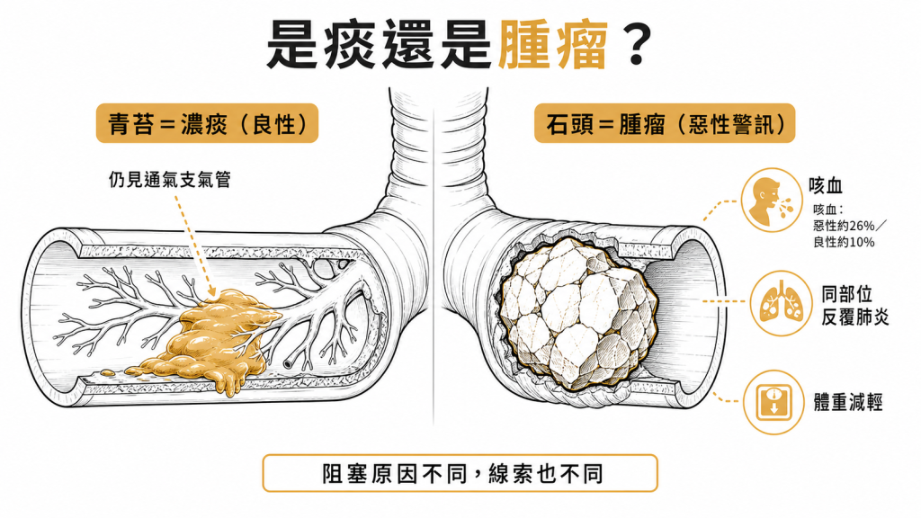 肺塌陷分辨是濃痰良性還是腫瘤惡性:良性仍見通氣支氣管,惡性有中心腫塊咳血同部位反覆肺炎體重減輕