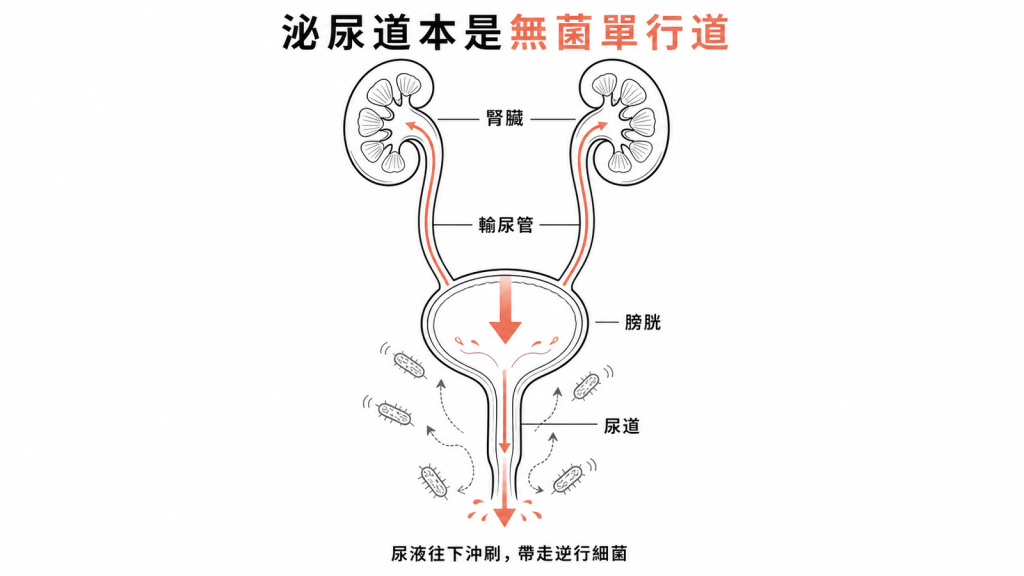 泌尿道是由上而下沖刷的無菌單行道示意