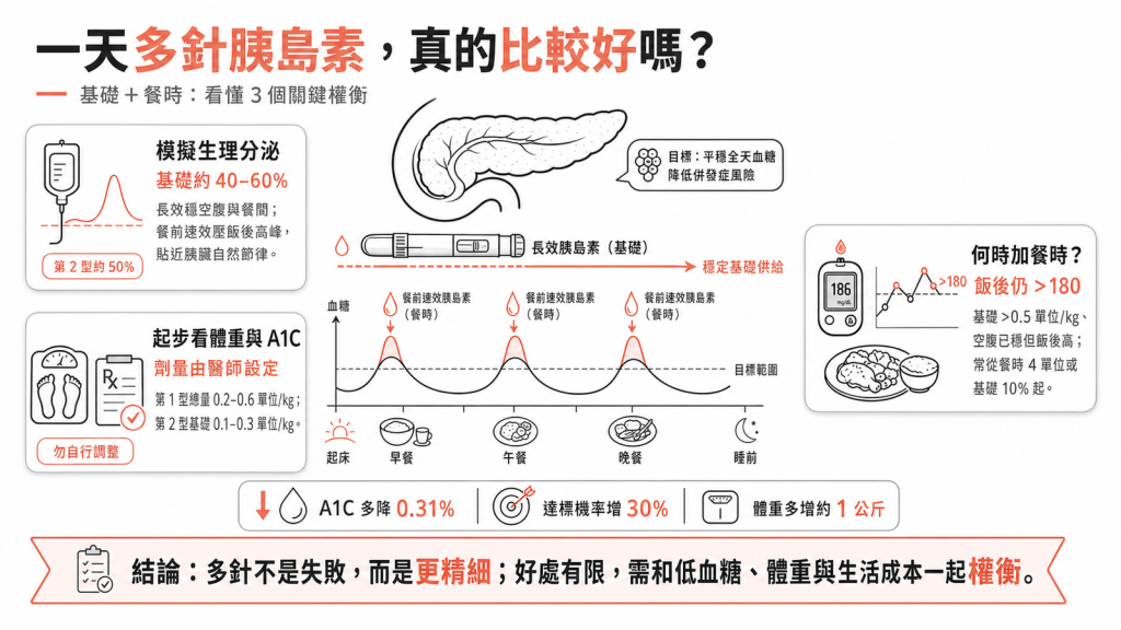 基礎-餐時胰島素資訊圖：長效基礎控空腹、餐前速效壓飯後血糖模擬生理分泌，基礎佔 40-60%，A1C 多降 0.31% 達標增 30%，劑量由醫師設定勿自行調整