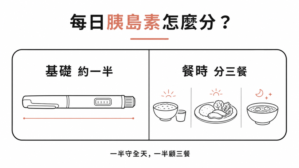 每日胰島素分配：基礎約佔一半加餐時分配三餐