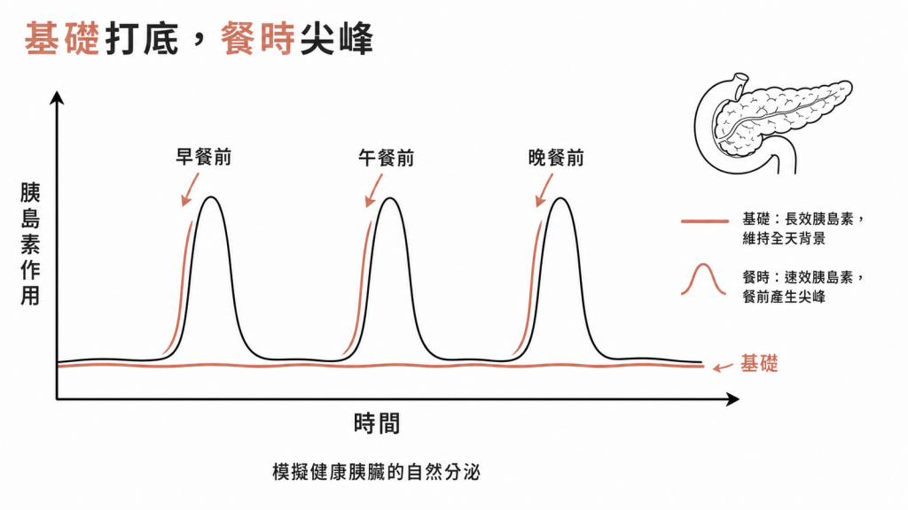 基礎-餐時療法用長效基礎打底加三餐前速效尖峰模擬胰臟自然分泌