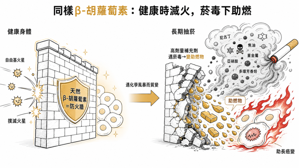 天然β-胡蘿蔔素在健康身體裡像防火牆能撲滅自由基火星,但長期抽菸時香菸毒素颳起化學風暴,高劑量補充劑結構被破壞質變成助燃物反而助長癌變