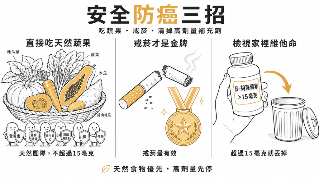 安全防癌三招:直接吃地瓜葉菠菜南瓜紅蘿蔔木瓜紅肉地瓜等天然蔬果讓營養素團隊作戰且不會超過15毫克、戒菸才是真正金牌、檢視家裡維他命β-胡蘿蔔素超過15毫克就丟掉