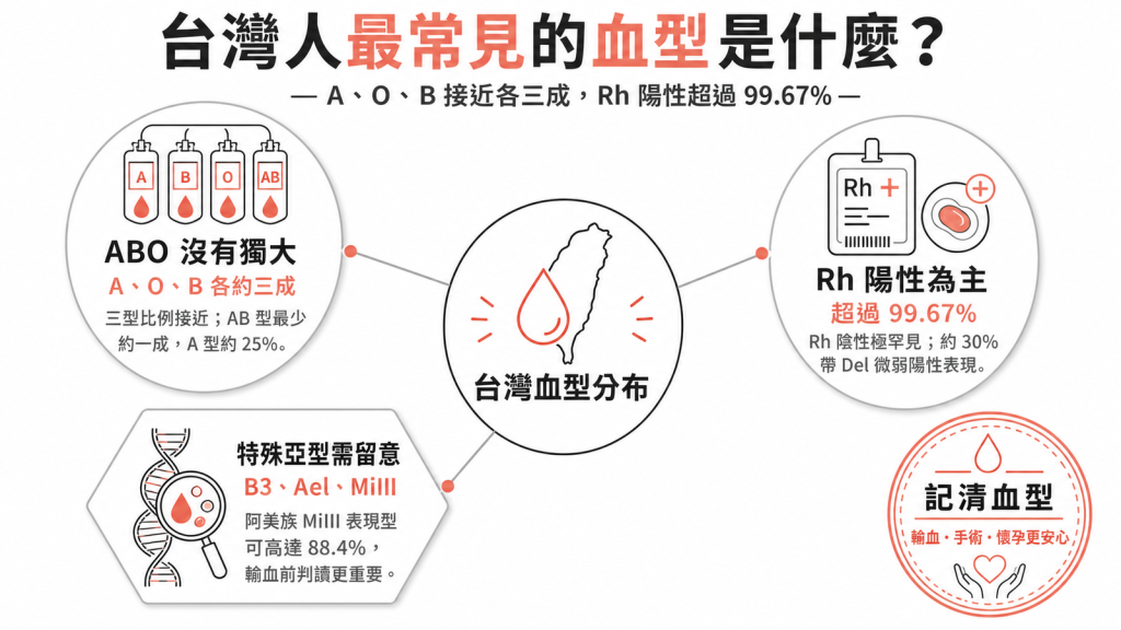 台灣血型分布資訊圖：A、O、B 各約三成、AB 最少，Rh 陽性超過 99.67%，B3、Ael、MiIII 特殊亞型