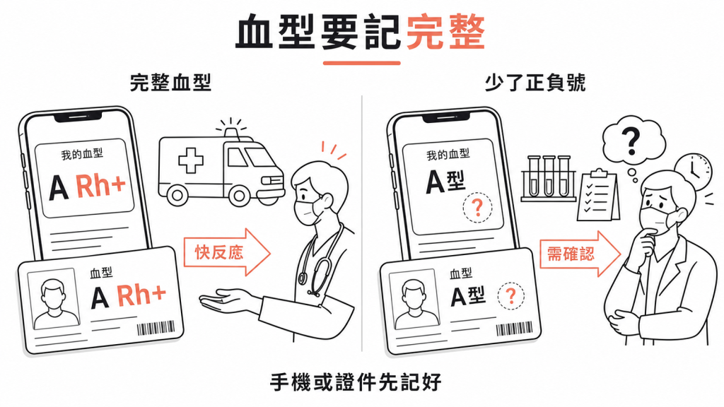 記住含正負號的完整血型，緊急時醫護能更快反應的對比示意圖