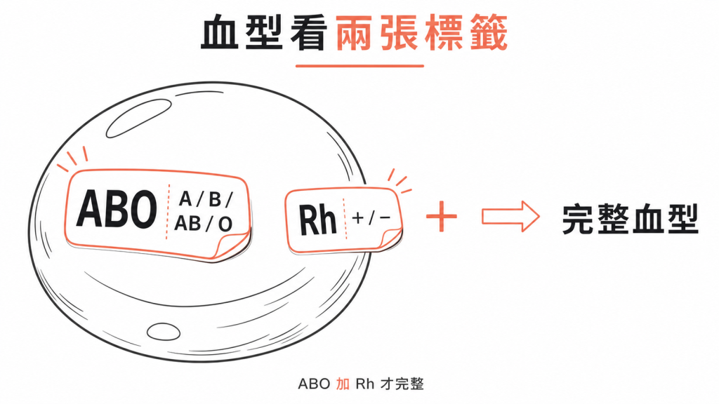 紅血球表面 ABO 與 Rh 兩張標籤合起來才是完整血型的示意圖