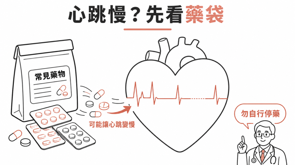 心跳慢先檢查藥袋:乙型阻斷劑鈣離子通道阻斷劑毛地黃等常見藥物可能讓心跳變慢,由醫師調整勿自行停藥