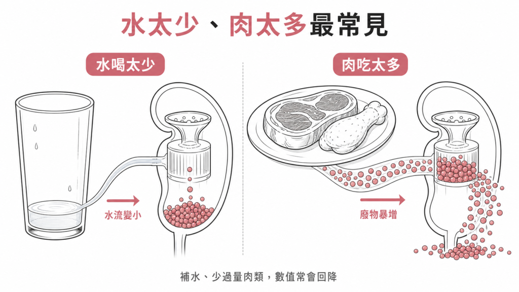 BUN飆高兩大日常主因:水喝太少讓水流變小廢物排不掉、肉吃太多讓代謝廢物暴增