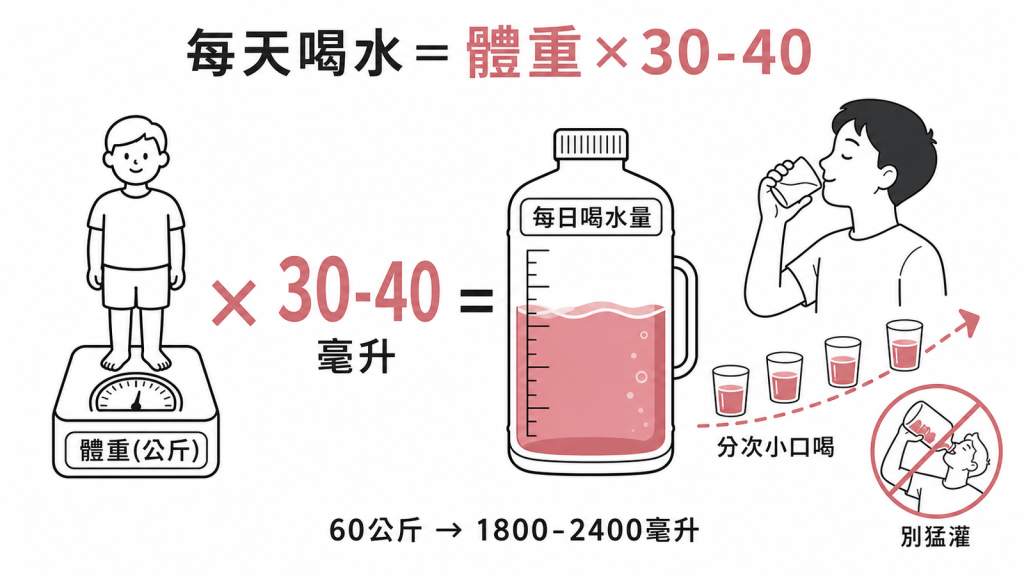 每天喝水量約等於體重公斤乘以30到40毫升,60公斤約1800到2400毫升,分次小口喝別猛灌