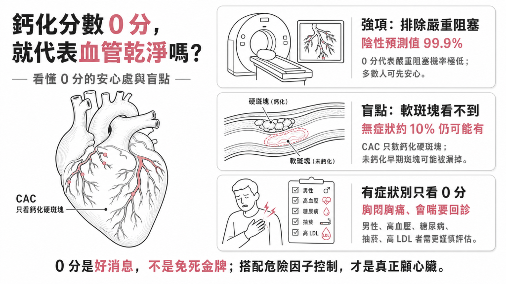 心臟鈣化分數 0 分資訊圖：強項是排除嚴重阻塞陰性預測值 99.9%、盲點是軟斑塊看不到無症狀約 10% 仍可能有、有症狀別只看 0 分胸悶胸痛會喘要回診