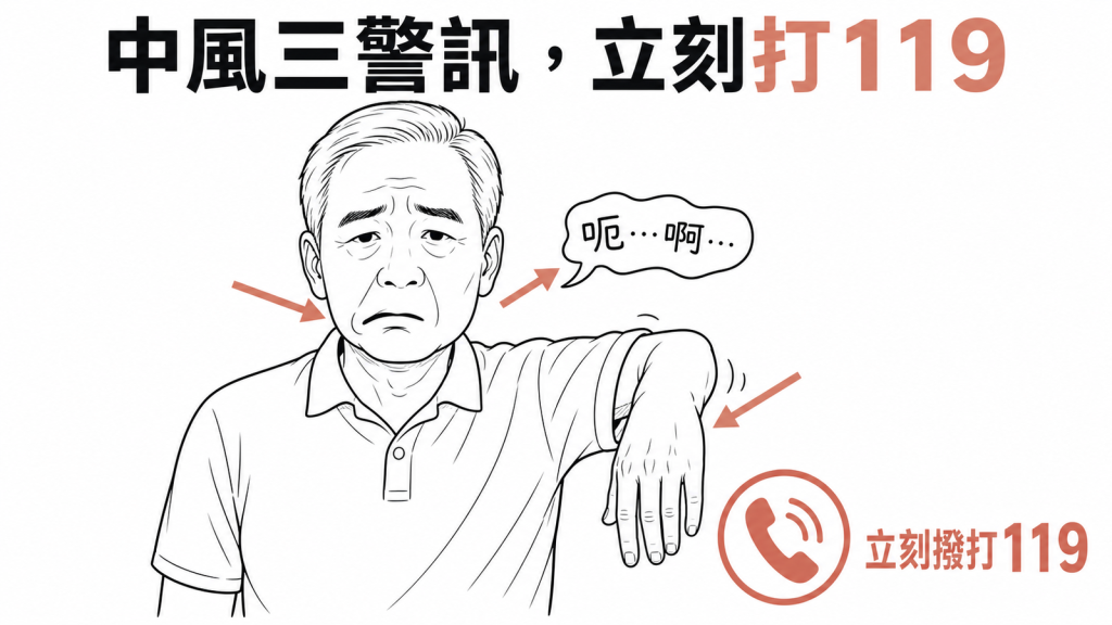 中風三警訊臉部下垂手臂無力口齒不清出現任一立刻撥打119