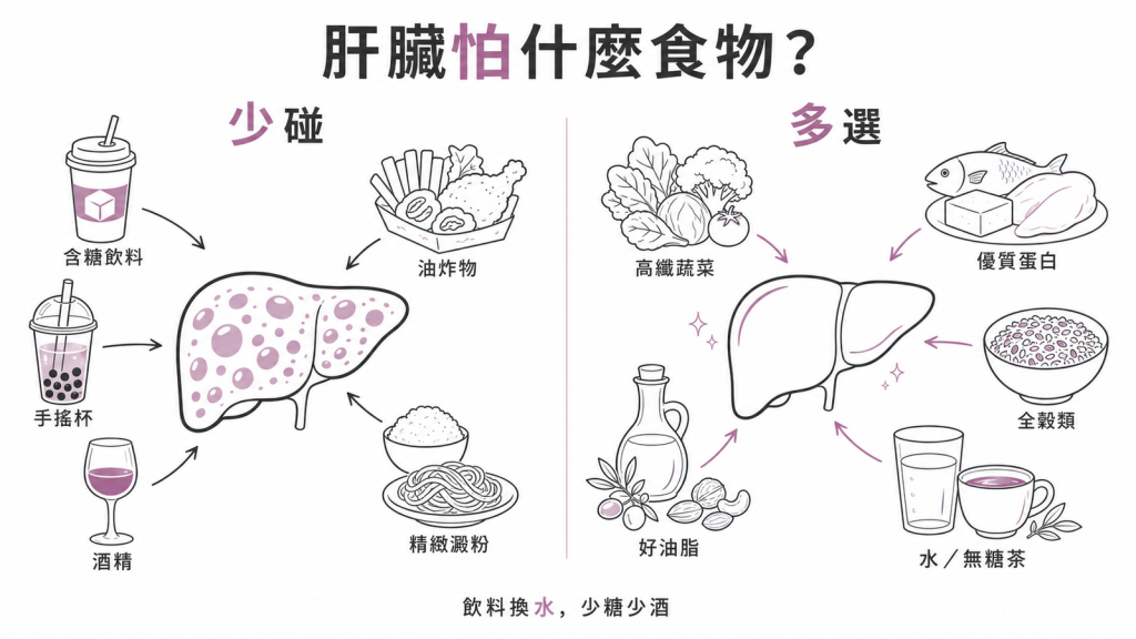脂肪肝飲食紅綠燈：少碰含糖飲料手搖杯酒精油炸物精緻澱粉，多選高纖蔬菜優質蛋白全穀類好油脂