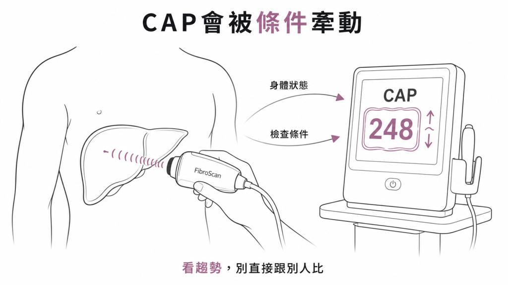CAP 數值會被身體狀態與檢查條件牽動（BMI、糖尿病、空腹、探頭），要看趨勢不要直接跟別人比