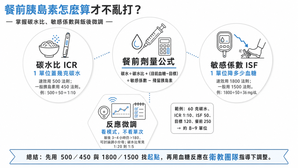 醣類計算與胰島素劑量資訊圖：碳水比 ICR 用 500 法則、敏感係數 ISF 用 1800 法則，餐前劑量公式與飯後血糖微調，在衛教團隊指導下進行