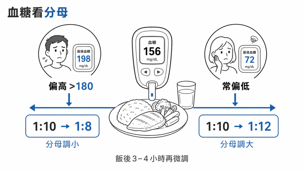 飯後血糖偏高把碳水比分母調小、偏低把分母調大的左右對比示意圖