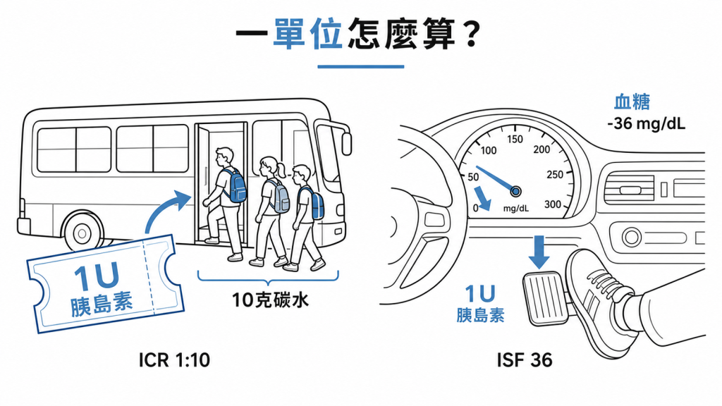 用車票載乘客比喻碳水比 ICR、踩煞車減速比喻敏感係數 ISF 的示意圖