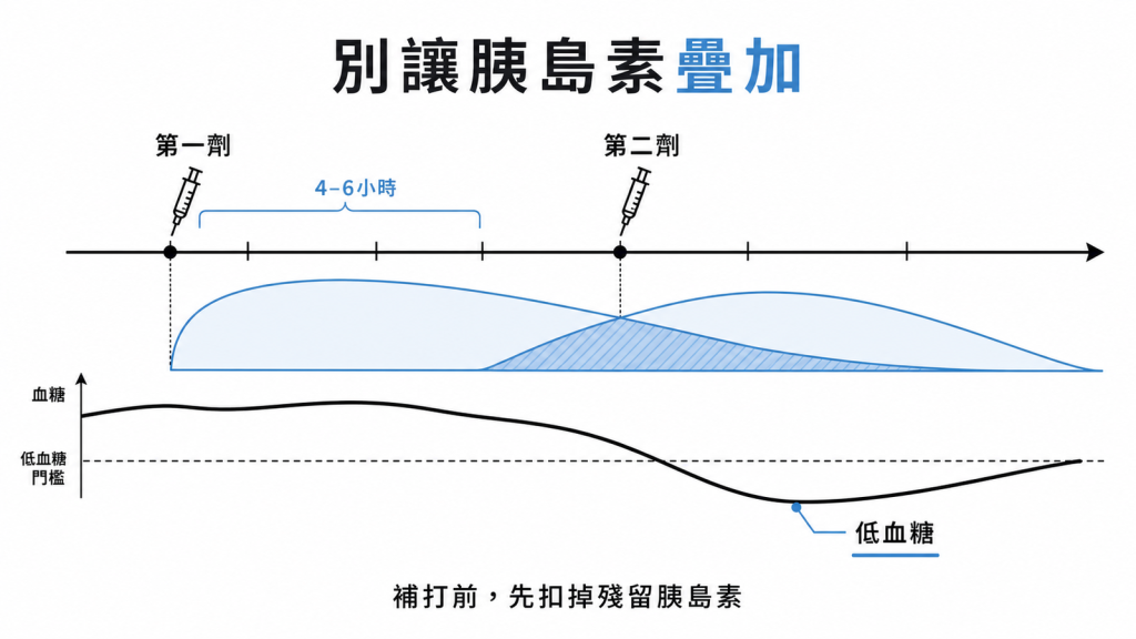 第一劑胰島素還在作用時補打第二劑造成作用重疊、血糖跌破低血糖門檻的時間軸示意圖