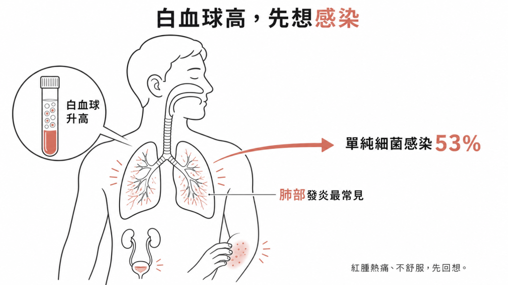 白血球超過一萬五的住院病人約53%是單純細菌感染,最常見是肺部發炎,其次泌尿道與皮膚軟組織發炎