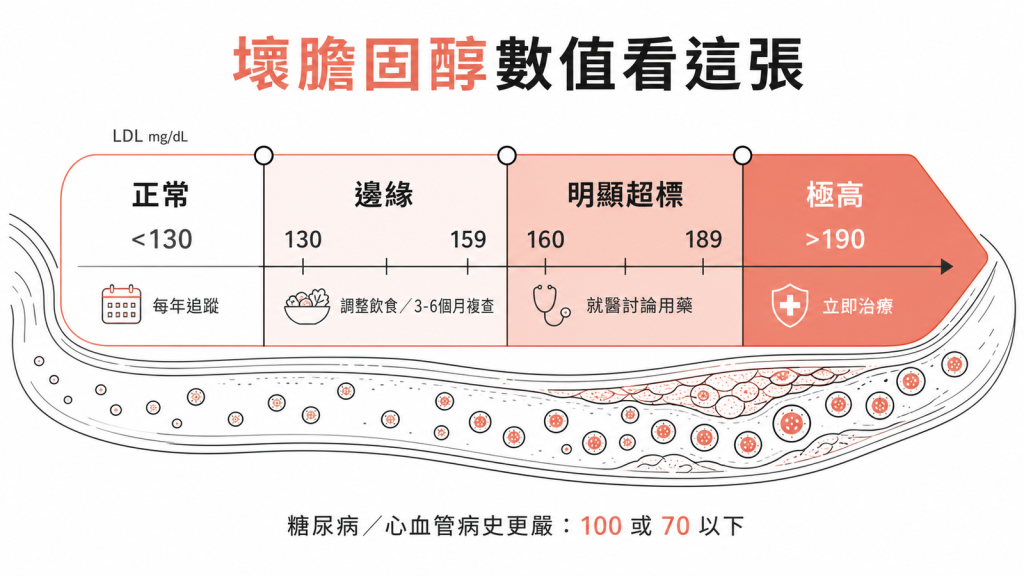壞膽固醇LDL分級：正常小於130每年追蹤、邊緣130到159調整飲食、明顯超標160到189就醫討論用藥、大於190立即治療，糖尿病或心血管病史更嚴100或70以下