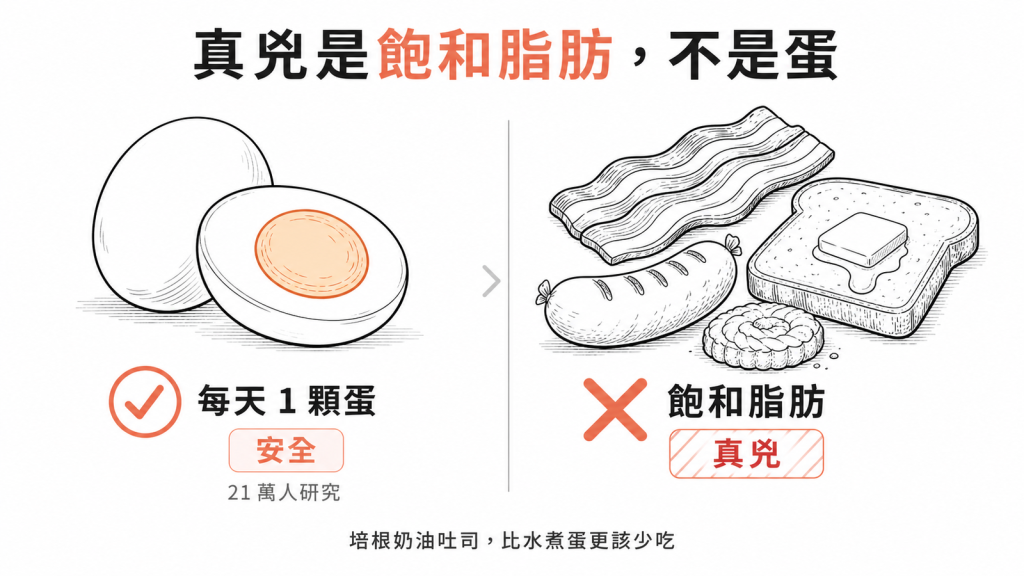 讓壞膽固醇飆高的真兇是飽和脂肪不是蛋，21萬人研究顯示健康成人每天1顆蛋安全，培根奶油吐司才該少吃
