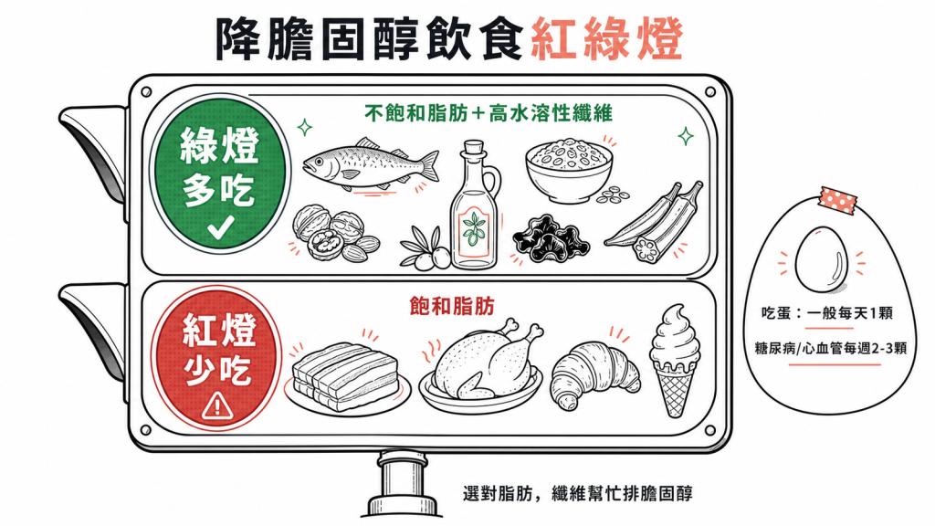 降膽固醇飲食紅綠燈：綠燈多吃深海魚堅果橄欖油與高纖燕麥木耳秋葵、紅燈少吃五花肉帶皮烤雞牛角麵包冰淇淋，吃蛋一般每天1顆糖尿病心血管每週2到3顆