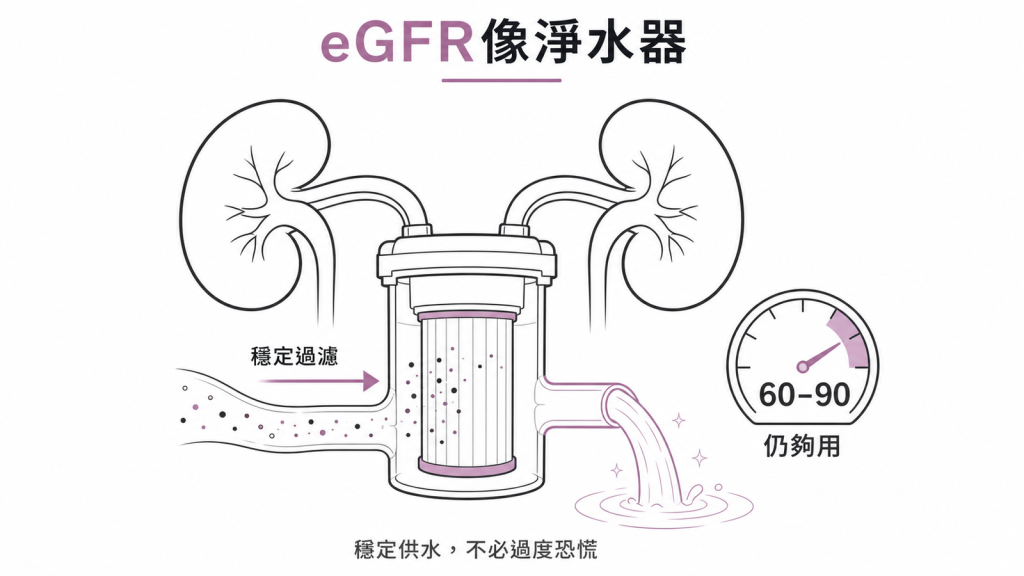 腎絲球過濾率像淨水器濾心，用久了過濾稍慢是正常歲月痕跡，eGFR 60到90仍能穩定供水夠用，不必過度恐慌