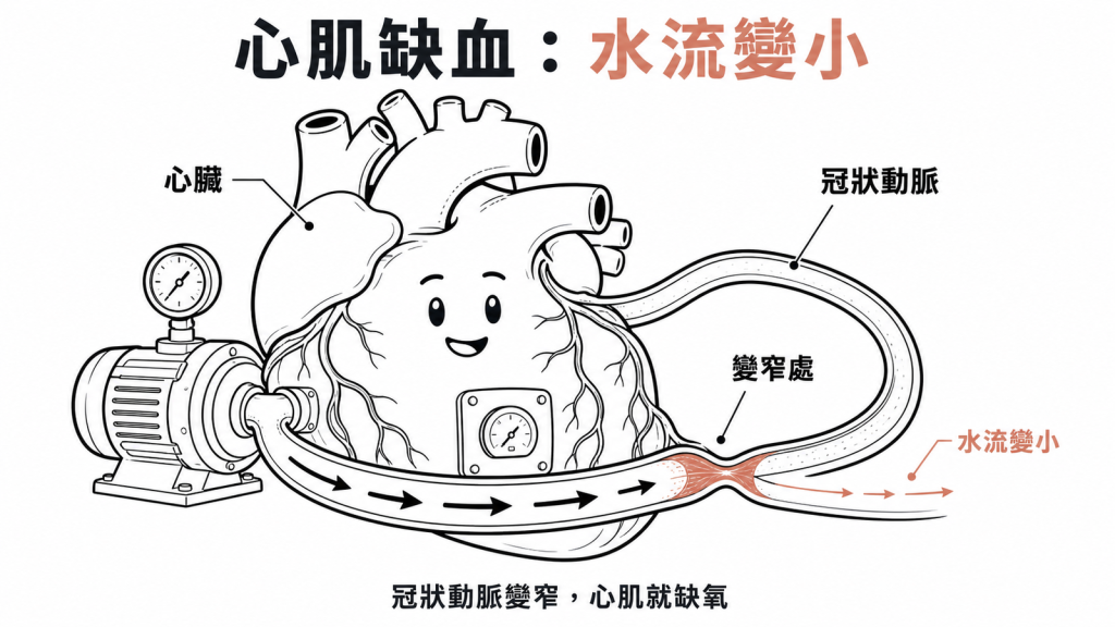 心肌缺血示意:冠狀動脈變窄使心臟供血變少