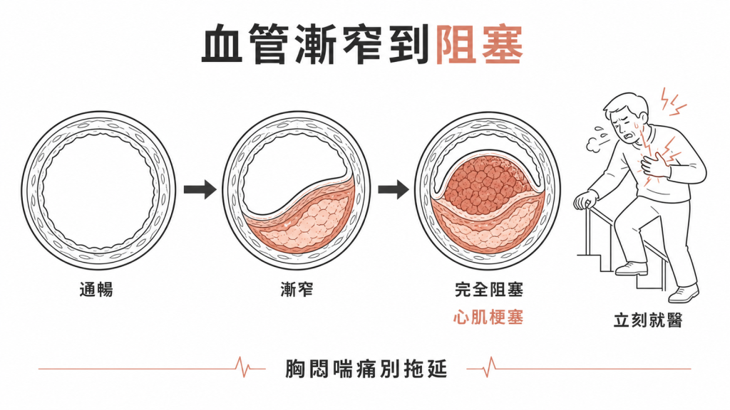 血管從通暢漸窄到完全阻塞演變成心肌梗塞的進程與警訊