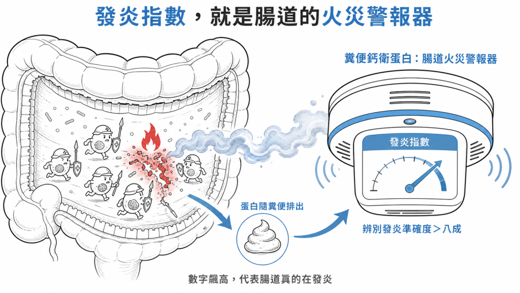 糞便鈣衛蛋白就像腸道的火災警報器：腸道發炎時白血球士兵到場戰鬥釋放出這種蛋白隨糞便排出，檢驗濃度辨別發炎的準確度超過八成，數字飆高代表腸道真的在發炎