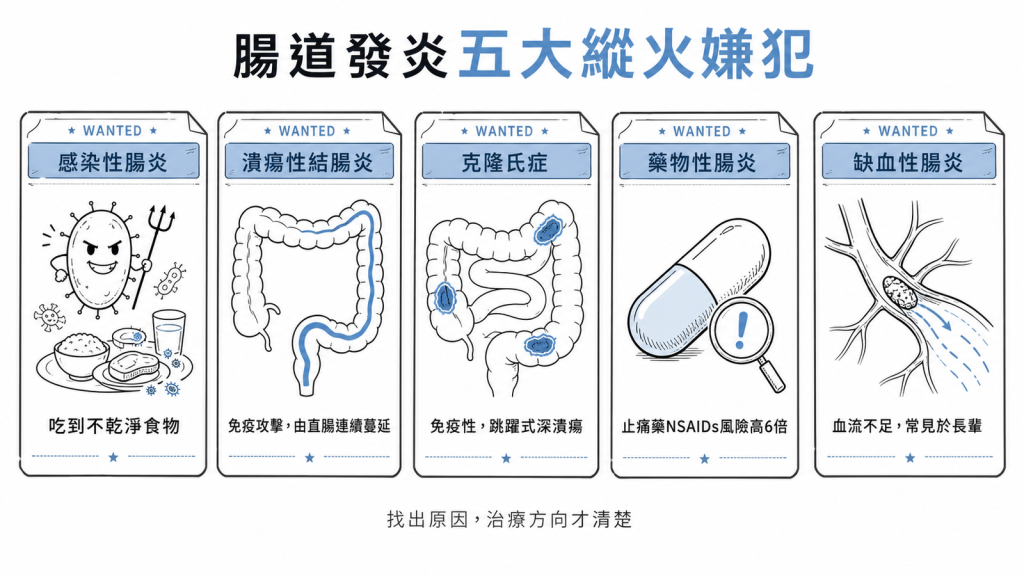 腸道發炎五大常見原因：感染性腸炎吃到不乾淨食物、潰瘍性結腸炎免疫攻擊由直腸連續蔓延、克隆氏症免疫性跳躍式深潰瘍、藥物性腸炎止痛藥NSAIDs風險高6倍、缺血性腸炎血流不足常見於長輩