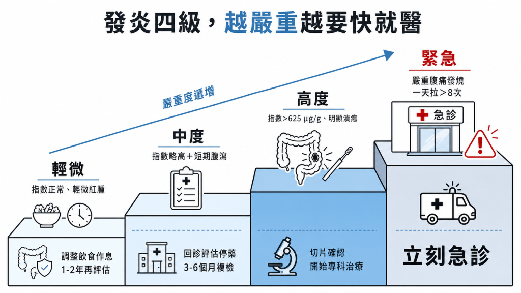 大腸發炎四級處置：輕微指數正常調整飲食作息1到2年再評估、中度指數略高伴腹瀉回診評估停藥3到6個月複檢、高度指數大於625微克每克明顯潰瘍須切片並專科治療、緊急嚴重腹痛發燒一天拉超過8次立刻急診