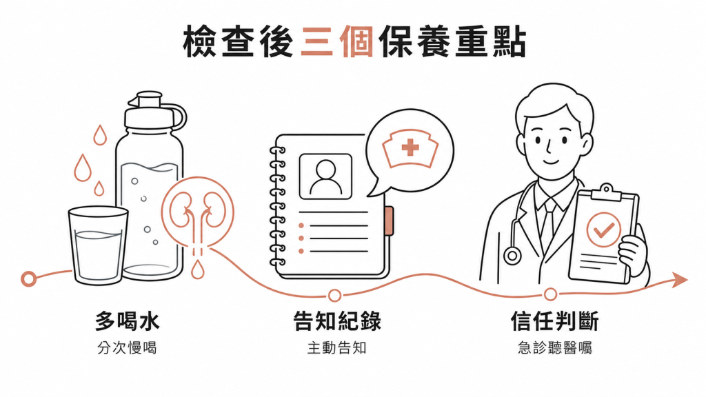 顯影劑檢查後三保養：多喝水分次慢喝加速代謝、主動告知醫護近期檢查紀錄、信任醫師與急診的專業判斷