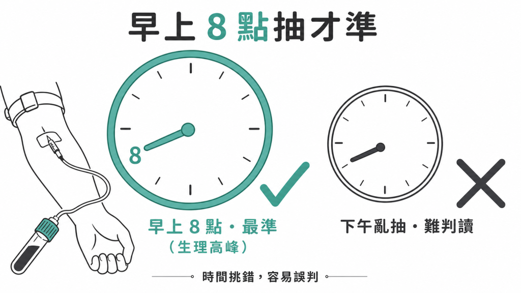 皮質醇要在早上8點生理高峰抽血才準確,下午或深夜亂抽很難判讀容易誤判