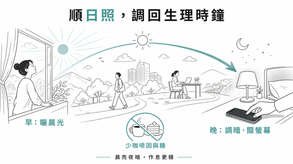 順著日照調生理時鐘,早上曬晨光拉高皮質醇,睡前調暗關螢幕避藍光,少咖啡因與精緻糖