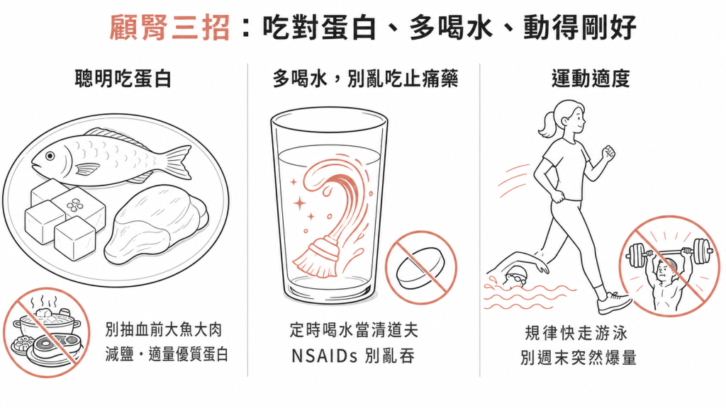 顧腎三招：別在抽血前大魚大肉並減鹽吃適量優質蛋白、定時喝水當清道夫且NSAIDs止痛藥別亂吞、規律快走游泳別週末突然爆量重訓