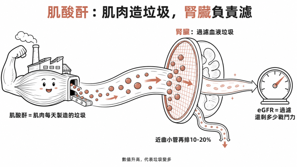 肌酸酐是肌肉這座工廠每天製造的代謝垃圾，腎臟像過濾網把血液裡的垃圾濾掉、近曲小管再排10到20%，醫師用它推算eGFR看過濾系統還剩多少戰鬥力