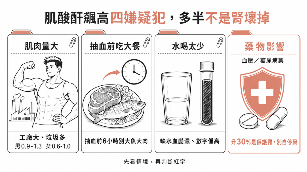 肌酸酐飆高四大嫌疑犯：肌肉量大工廠大垃圾多男0.9到1.3女0.6到1.0、抽血前6小時吃大餐、水喝太少血變濃、血壓或糖尿病藥讓數字升30%其實是保護腎別自行停藥